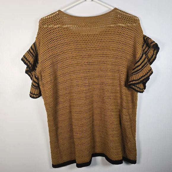 NWT Loft Women's Mustard Crochet Top with Black Trim Size L Ruffled Sleeve - Picture 2 of 11